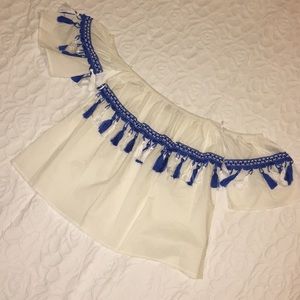 Off the shoulder blue and white tassel shirt